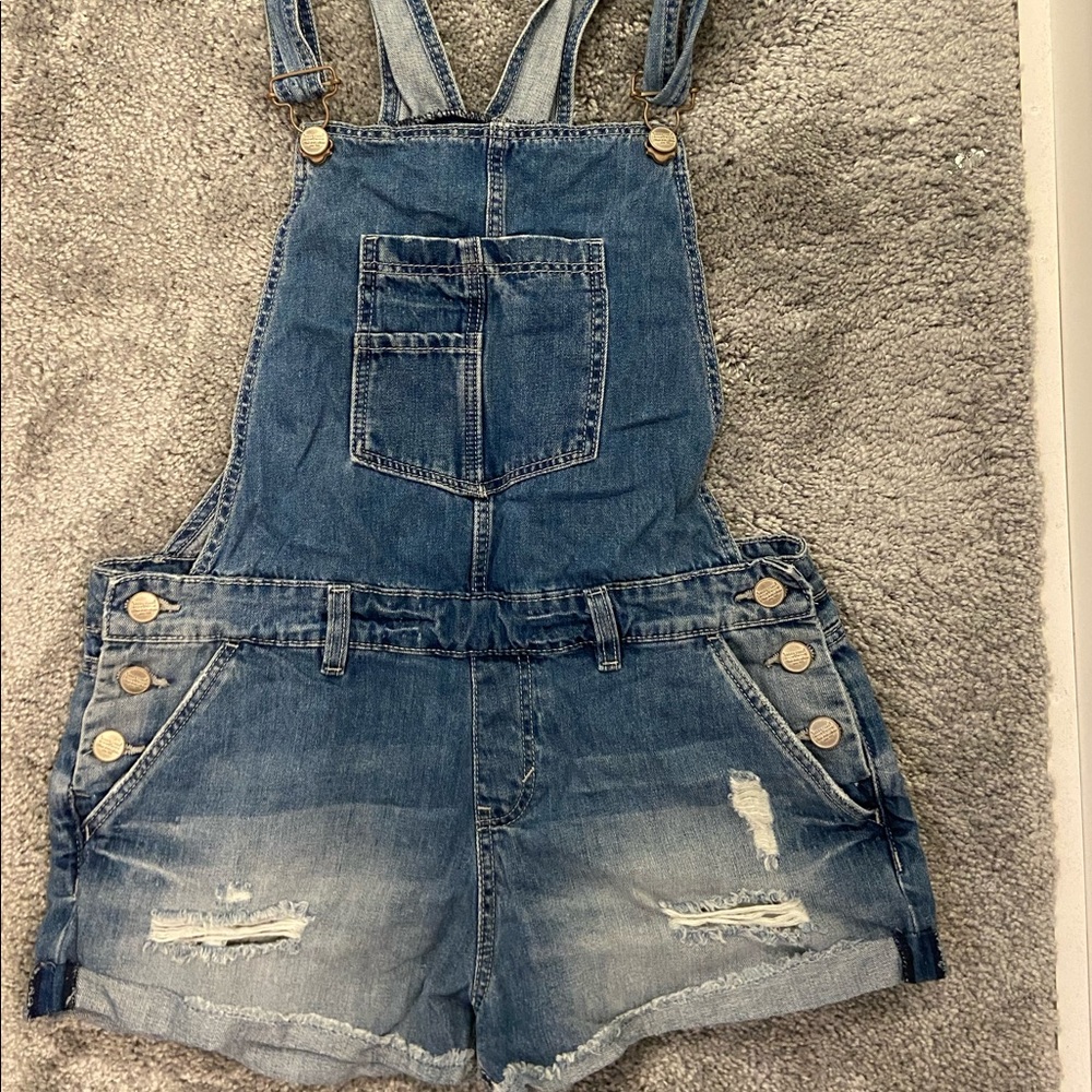 Denim overall shorts.